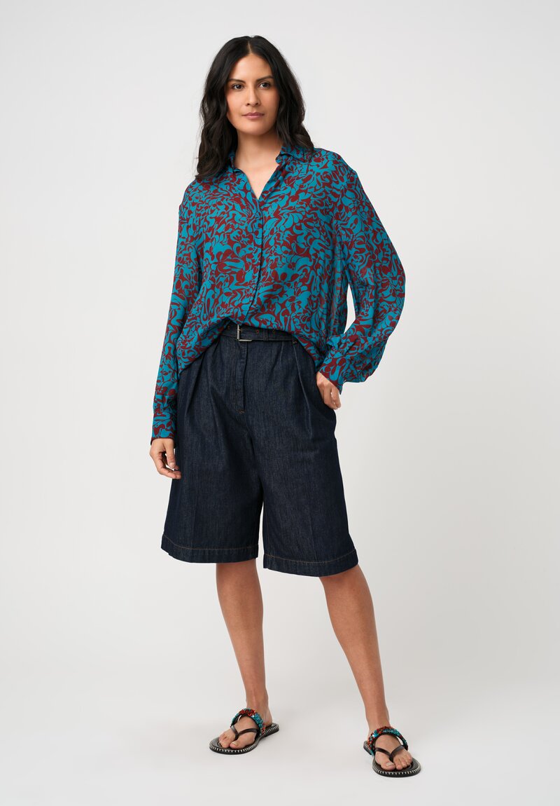 Dries Van Noten Cotton Denim Pleated Belted Shorts in Indigo Blue