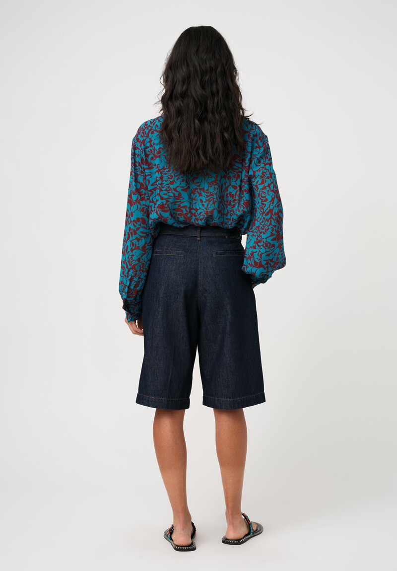 Dries Van Noten Cotton Denim Pleated Belted Shorts in Indigo Blue