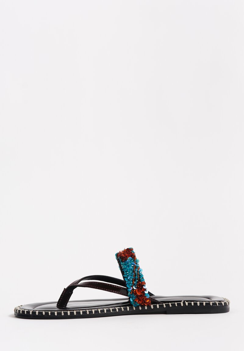 Dries Van Noten Polished Lamb Leather & Sequin Embellished Thong Sandals in Mahogany Brown & Turquoise
