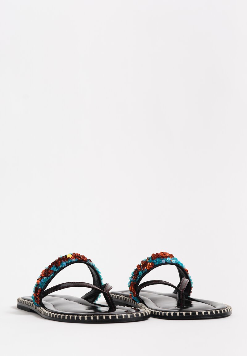 Dries Van Noten Polished Lamb Leather & Sequin Embellished Thong Sandals in Mahogany Brown & Turquoise