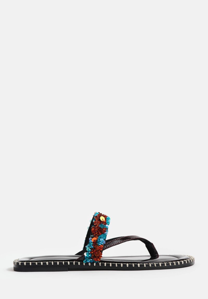 Dries Van Noten Polished Lamb Leather & Sequin Embellished Thong Sandals in Mahogany Brown & Turquoise