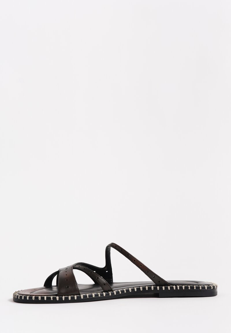Dries Van Noten Hand-Painted Perforated Leather Slip On Sandal in Tan Brown