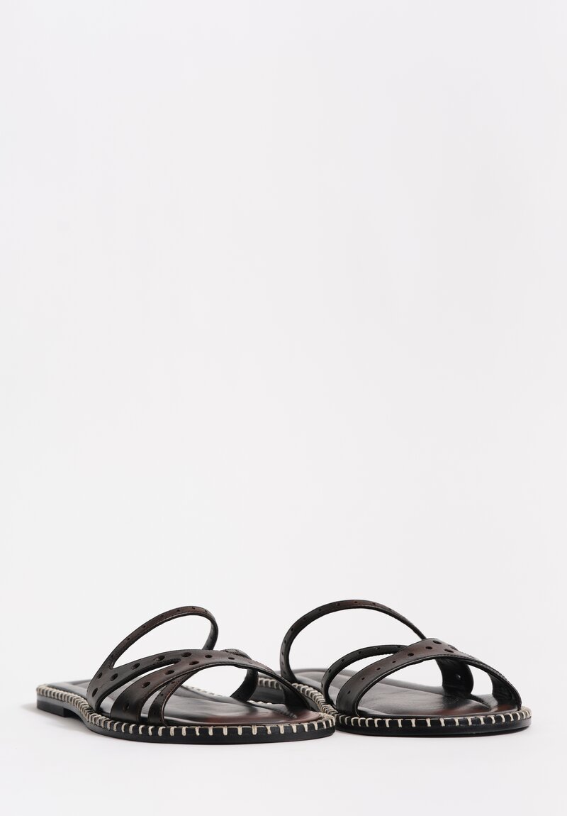 Dries Van Noten Hand-Painted Perforated Leather Slip On Sandal in Tan Brown