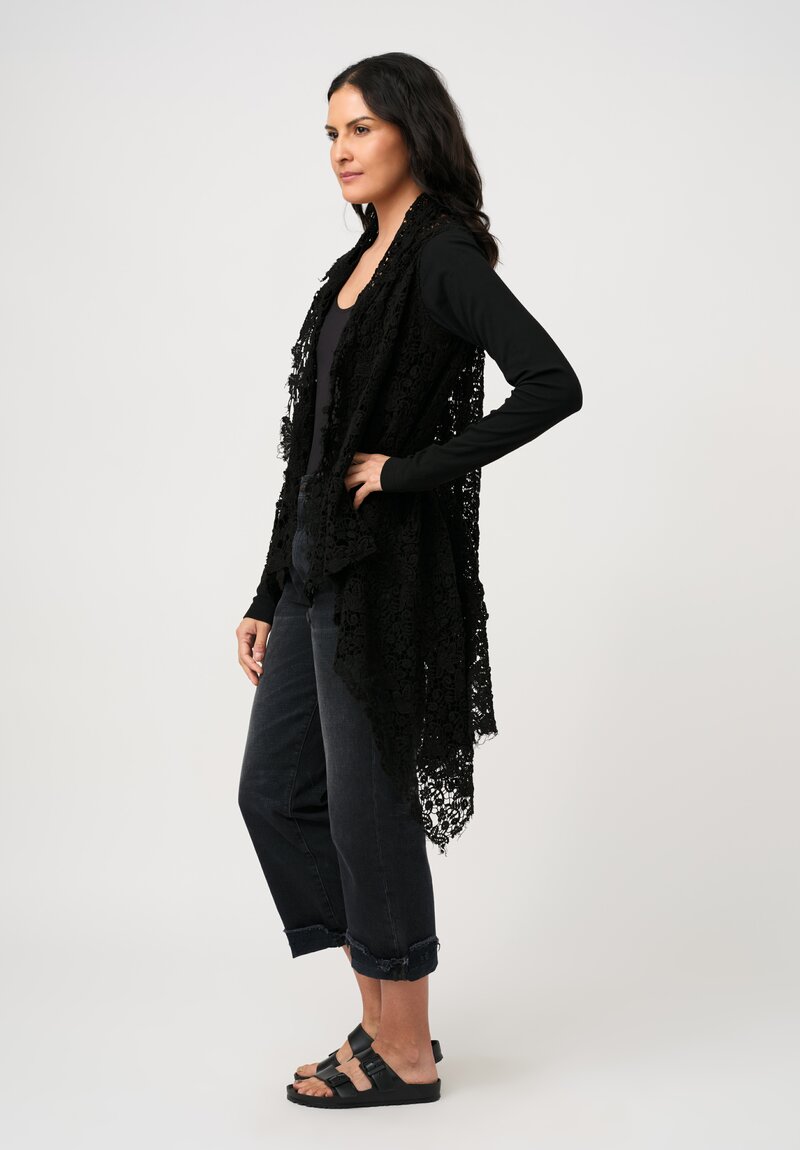 Rundholz DIP Cotton Distressed Lace & Rib Knit Cardigan in Black Gloss