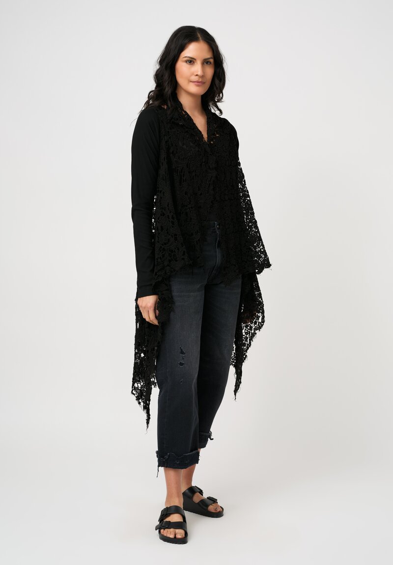 Rundholz DIP Cotton Distressed Lace & Rib Knit Cardigan in Black Gloss