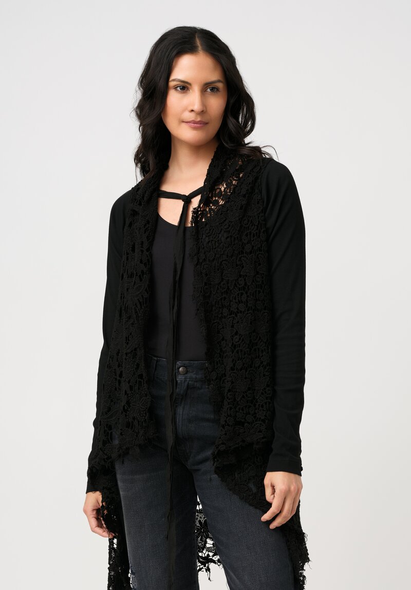 Rundholz DIP Cotton Distressed Lace & Rib Knit Cardigan in Black Gloss