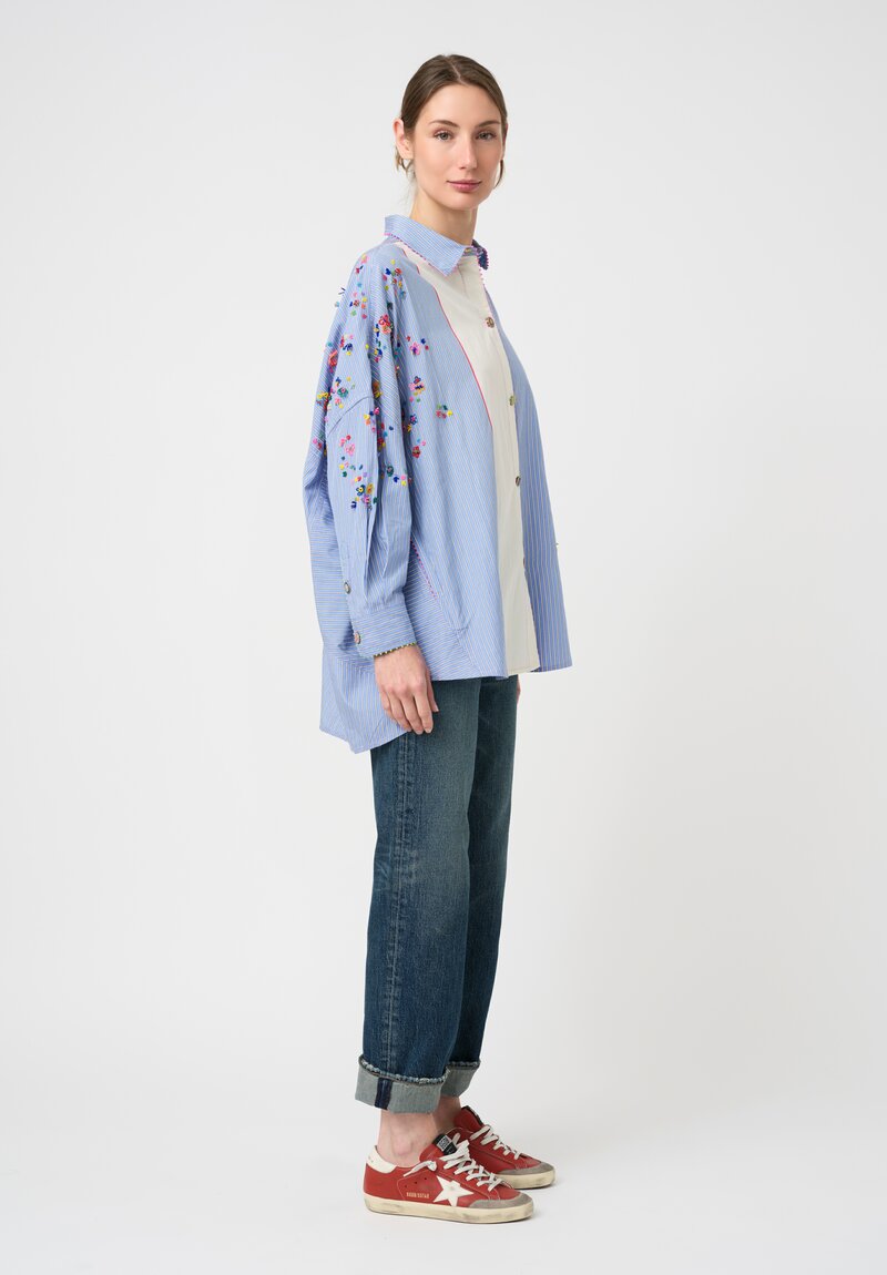 Péro Cotton Paneled Over-Shirt with Hand-Beaded Floral Embellishments in White & Blue Stripes