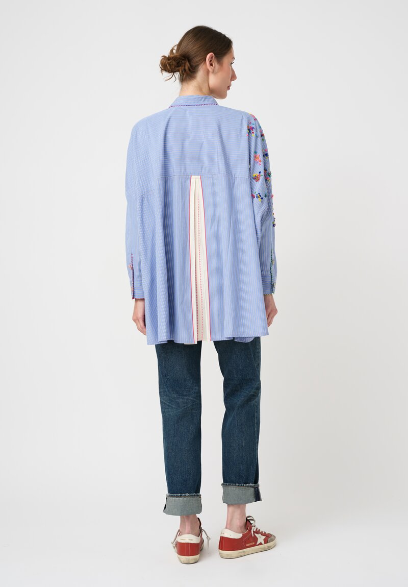 Péro Cotton Paneled Over-Shirt with Hand-Beaded Floral Embellishments in White & Blue Stripes