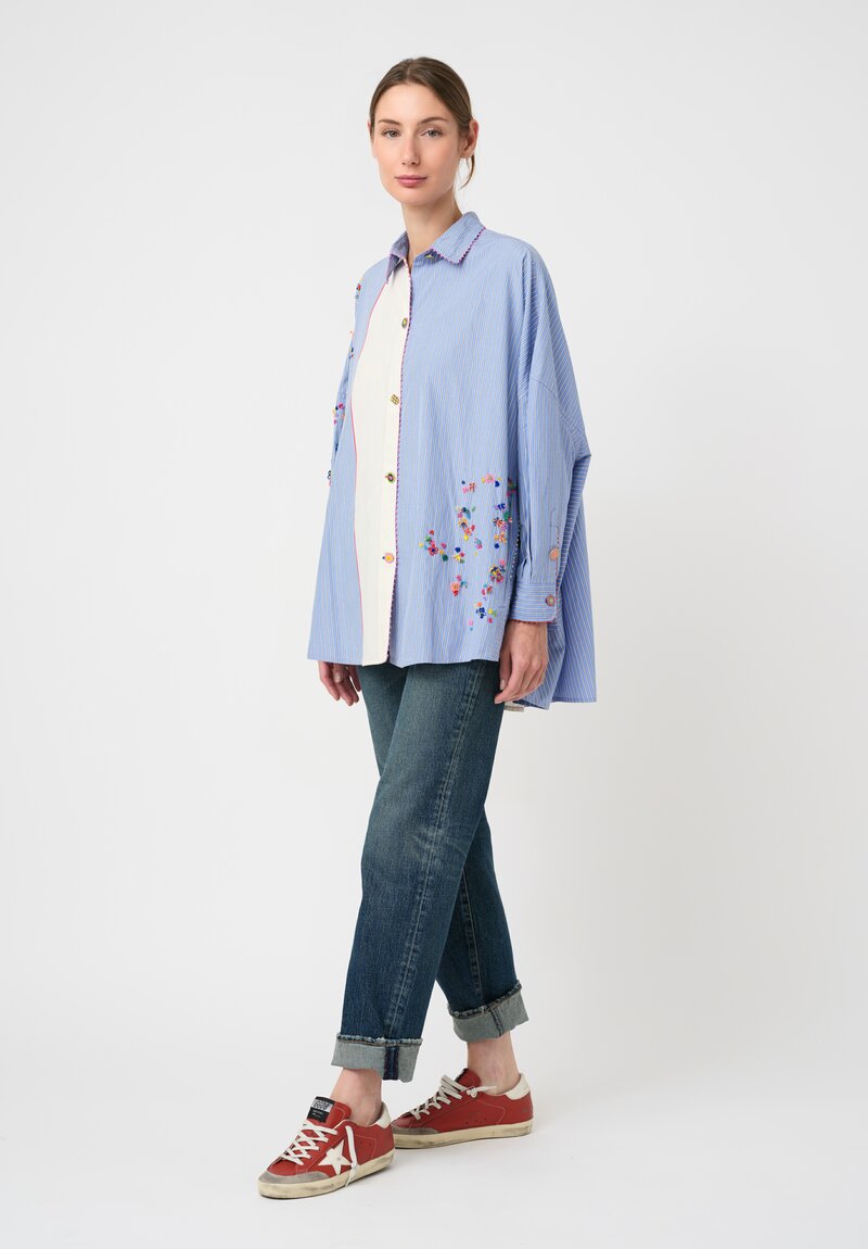 Péro Cotton Paneled Over-Shirt with Hand-Beaded Floral Embellishments in White & Blue Stripes