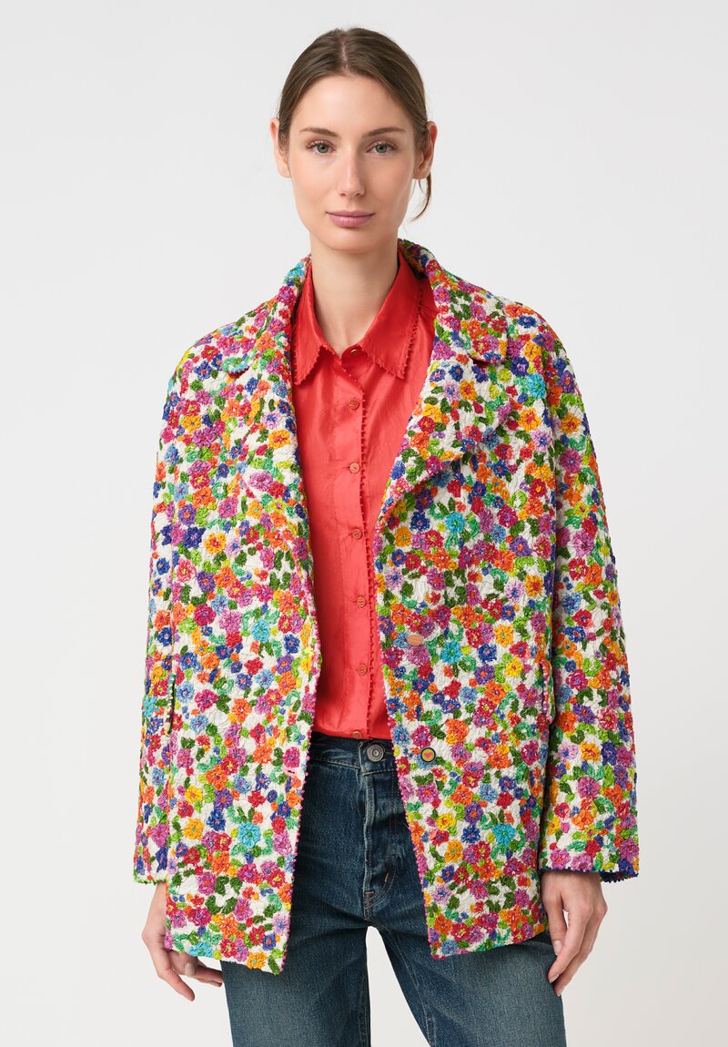 Péro Cotton & Silk Smocked Floral Pattern Coat in Red, Green & Blue