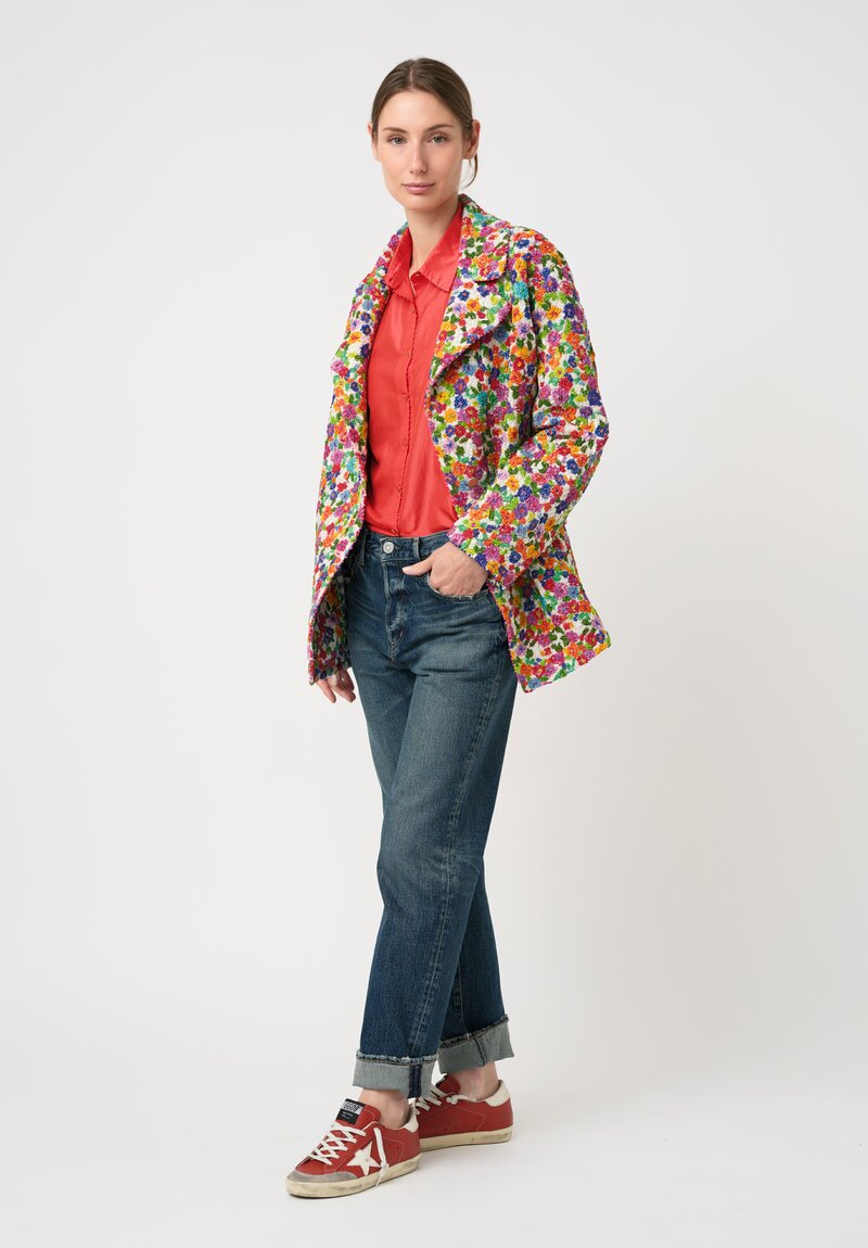 Péro Cotton & Silk Smocked Floral Pattern Coat in Red, Green & Blue