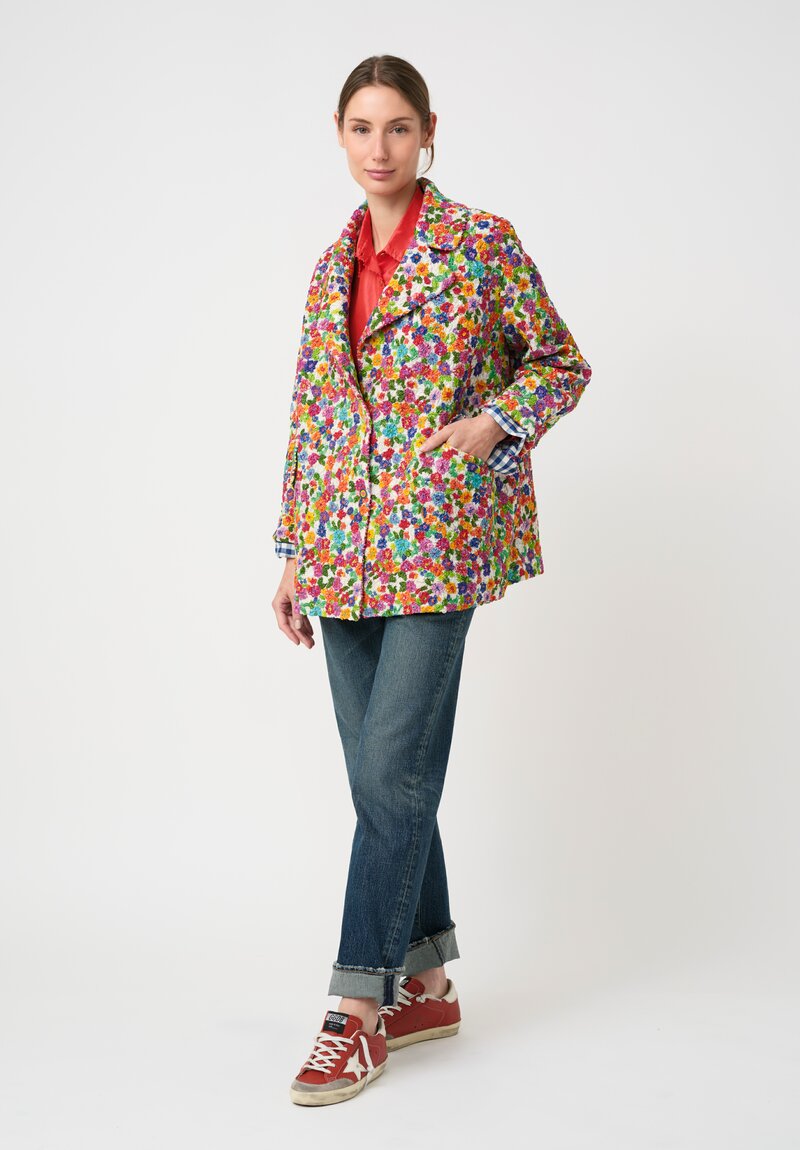 Péro Cotton & Silk Smocked Floral Pattern Coat in Red, Green & Blue