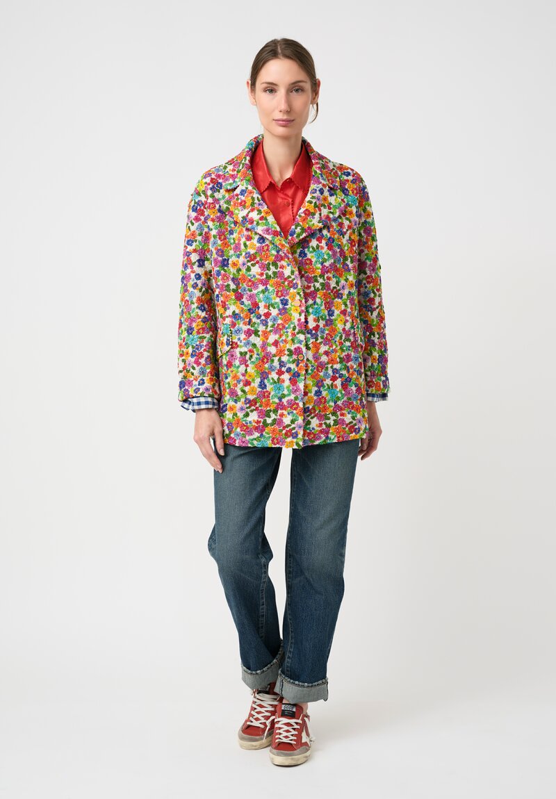 Péro Cotton & Silk Smocked Floral Pattern Coat in Red, Green & Blue