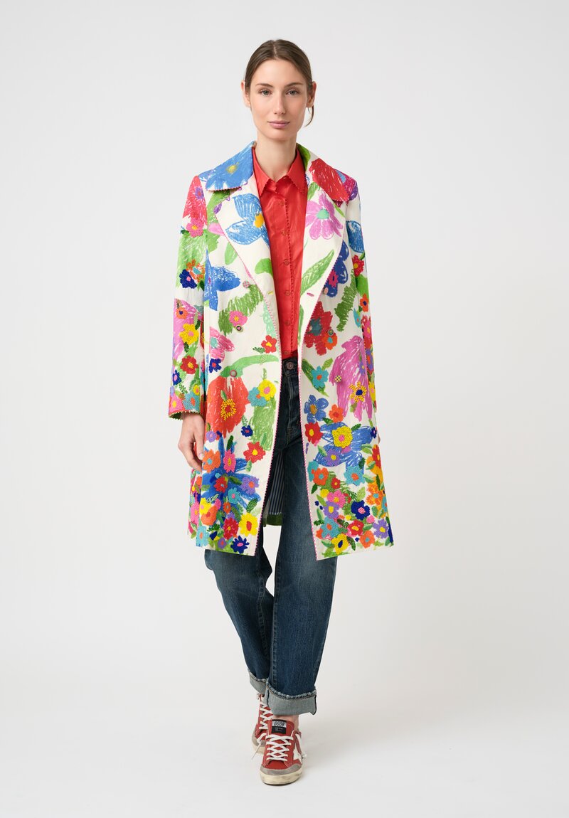 Péro Cotton & Silk, Hand-Beaded, Illustrative Floral Print Double-Breasted Coat in Off-White, Pink, Green & Blue