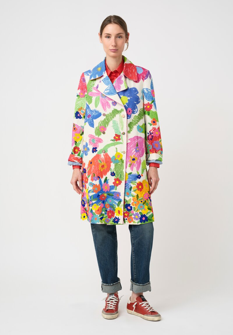 Péro Cotton & Silk, Hand-Beaded, Illustrative Floral Print Double-Breasted Coat in Off-White, Pink, Green & Blue
