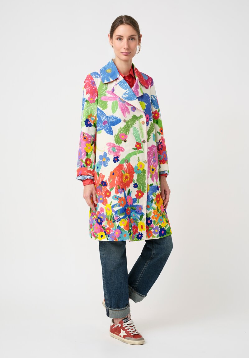 Péro Cotton & Silk, Hand-Beaded, Illustrative Floral Print Double-Breasted Coat in Off-White, Pink, Green & Blue