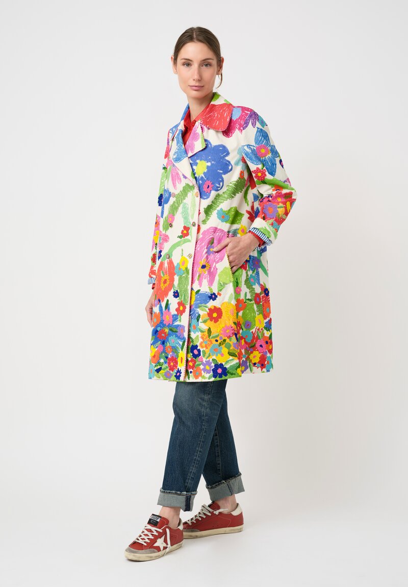 Péro Cotton & Silk, Hand-Beaded, Illustrative Floral Print Double-Breasted Coat in Off-White, Pink, Green & Blue