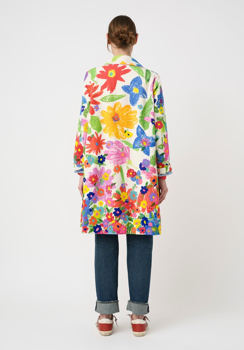 Péro Cotton & Silk, Hand-Beaded, Illustrative Floral Print Double-Breasted Coat in Off-White, Pink, Green & Blue