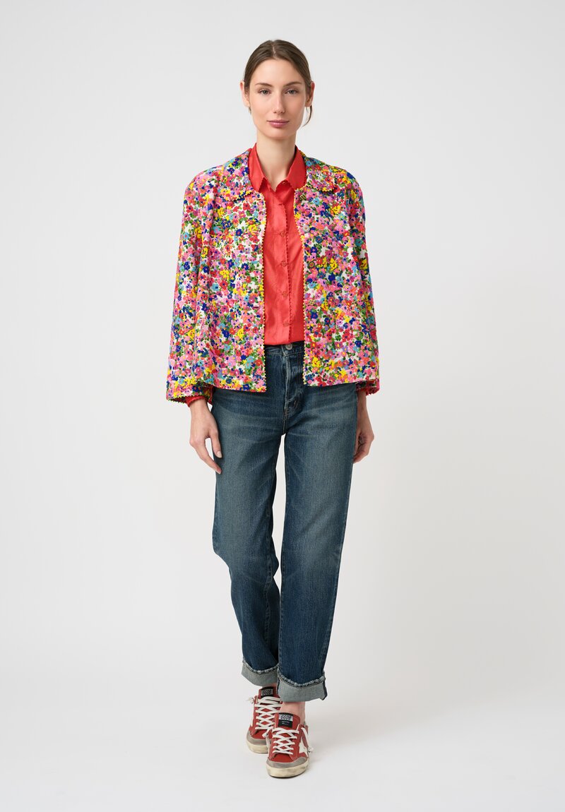 Péro Cotton & Silk Hand-Embroidered Floral Bead Pattern Jacket in Pink, Blue & Yellow
