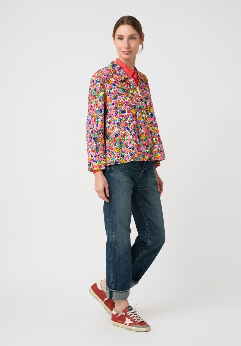 Péro Cotton & Silk Hand-Embroidered Floral Bead Pattern Jacket in Pink, Blue & Yellow
