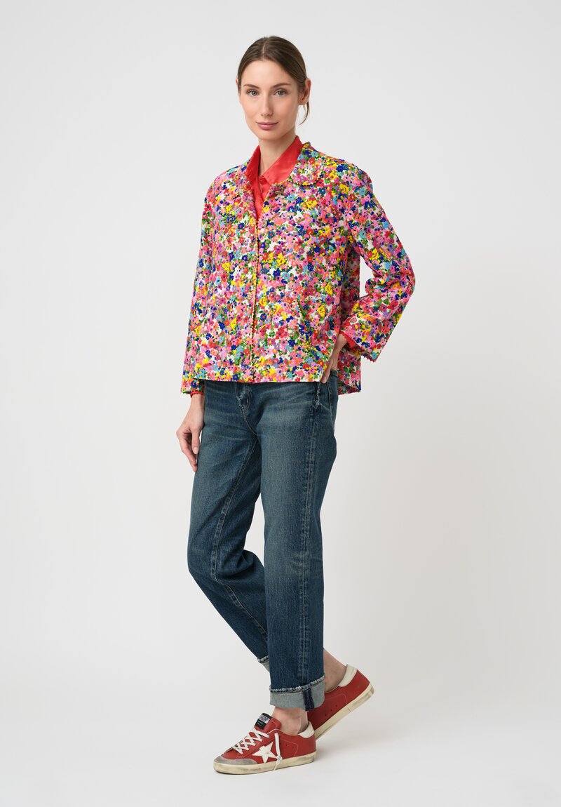 Péro Cotton & Silk Hand-Embroidered Floral Bead Pattern Jacket in Pink, Blue & Yellow