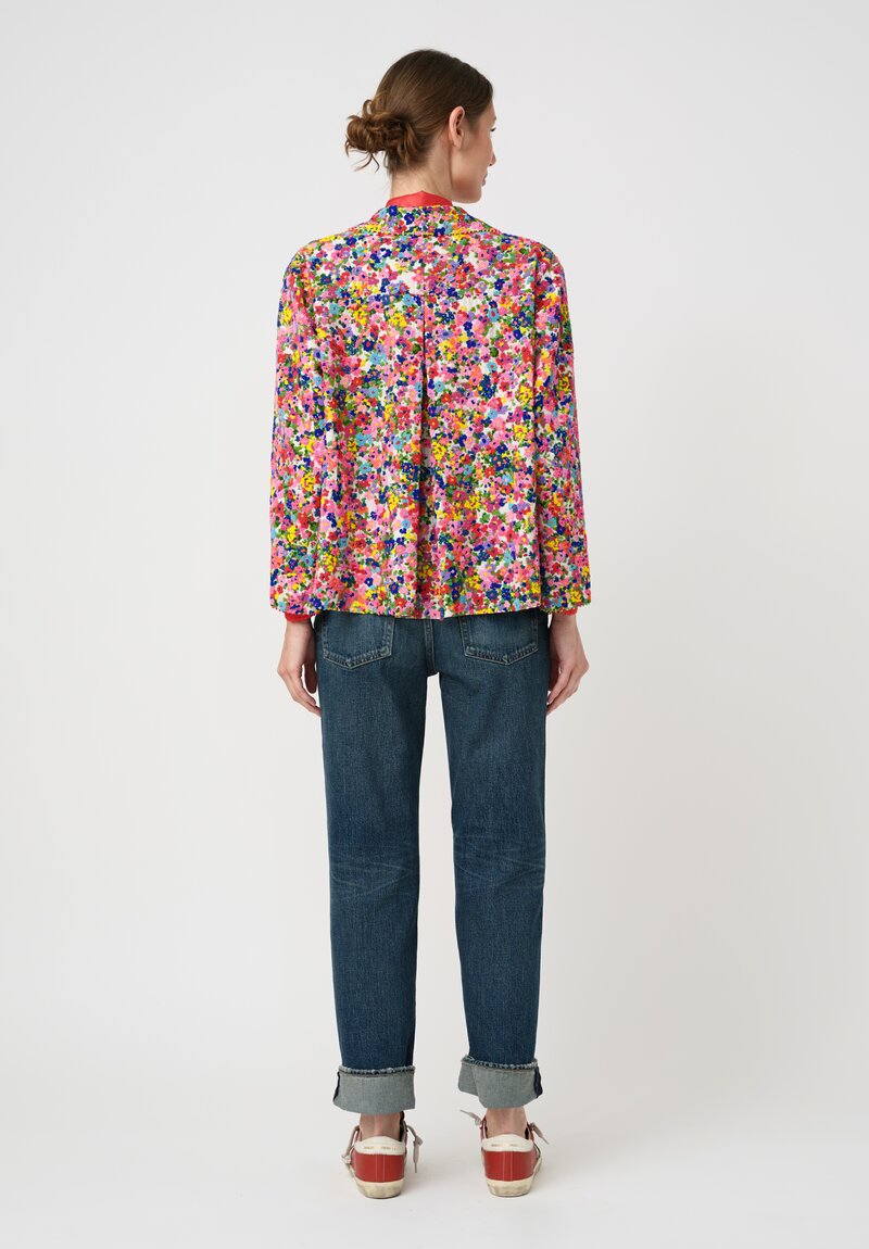 Péro Cotton & Silk Hand-Embroidered Floral Bead Pattern Jacket in Pink, Blue & Yellow