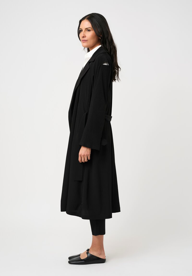 Yohji Yamamoto Crêpe de Chine Wrap Trench Coat with Cut-Out Shoulder Details in Black