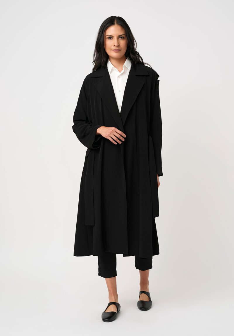 Yohji Yamamoto Crêpe de Chine Wrap Trench Coat with Cut-Out Shoulder Details in Black