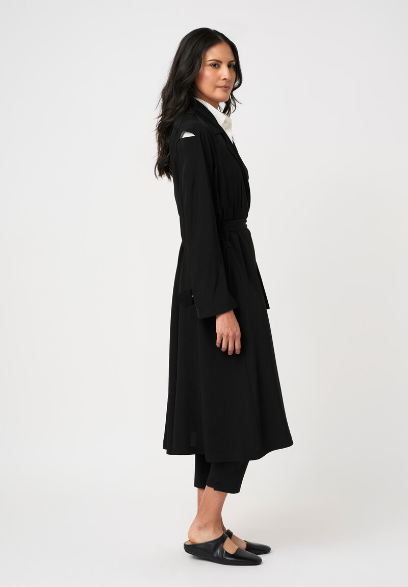 Yohji Yamamoto Crêpe de Chine Wrap Trench Coat with Cut-Out Shoulder Details in Black