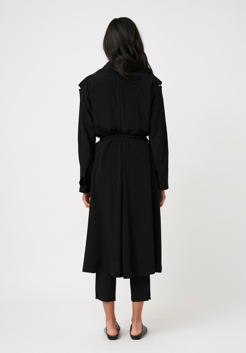 Yohji Yamamoto Crêpe de Chine Wrap Trench Coat with Cut-Out Shoulder Details in Black