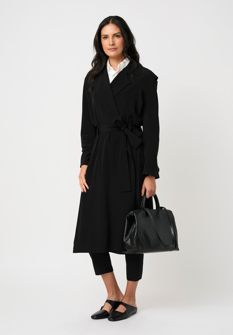 Yohji Yamamoto Crêpe de Chine Wrap Trench Coat with Cut-Out Shoulder Details in Black