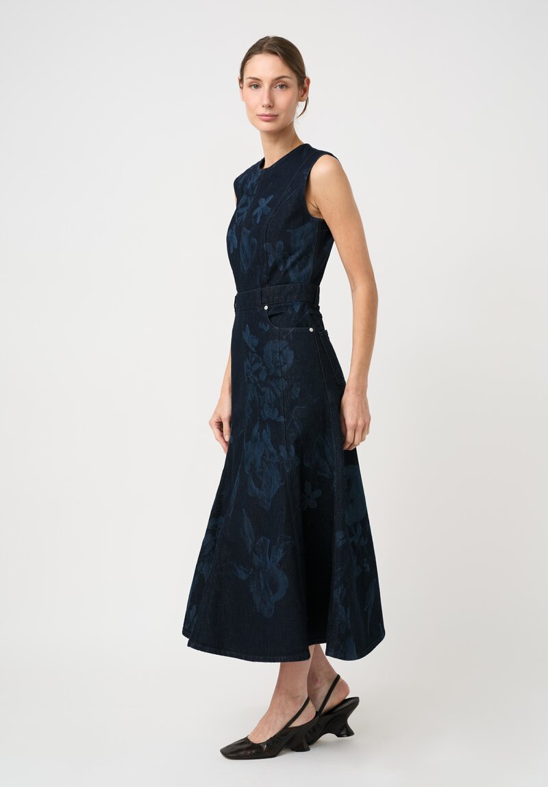 Erdem 17C Dutch Floral Laser Print Cotton Denim Sleeveless Dress in Indigo Blue
