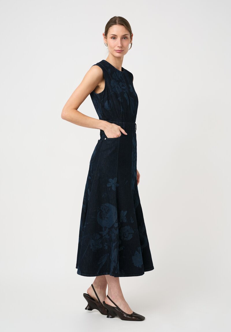 Erdem 17C Dutch Floral Laser Print Cotton Denim Sleeveless Dress in Indigo Blue
