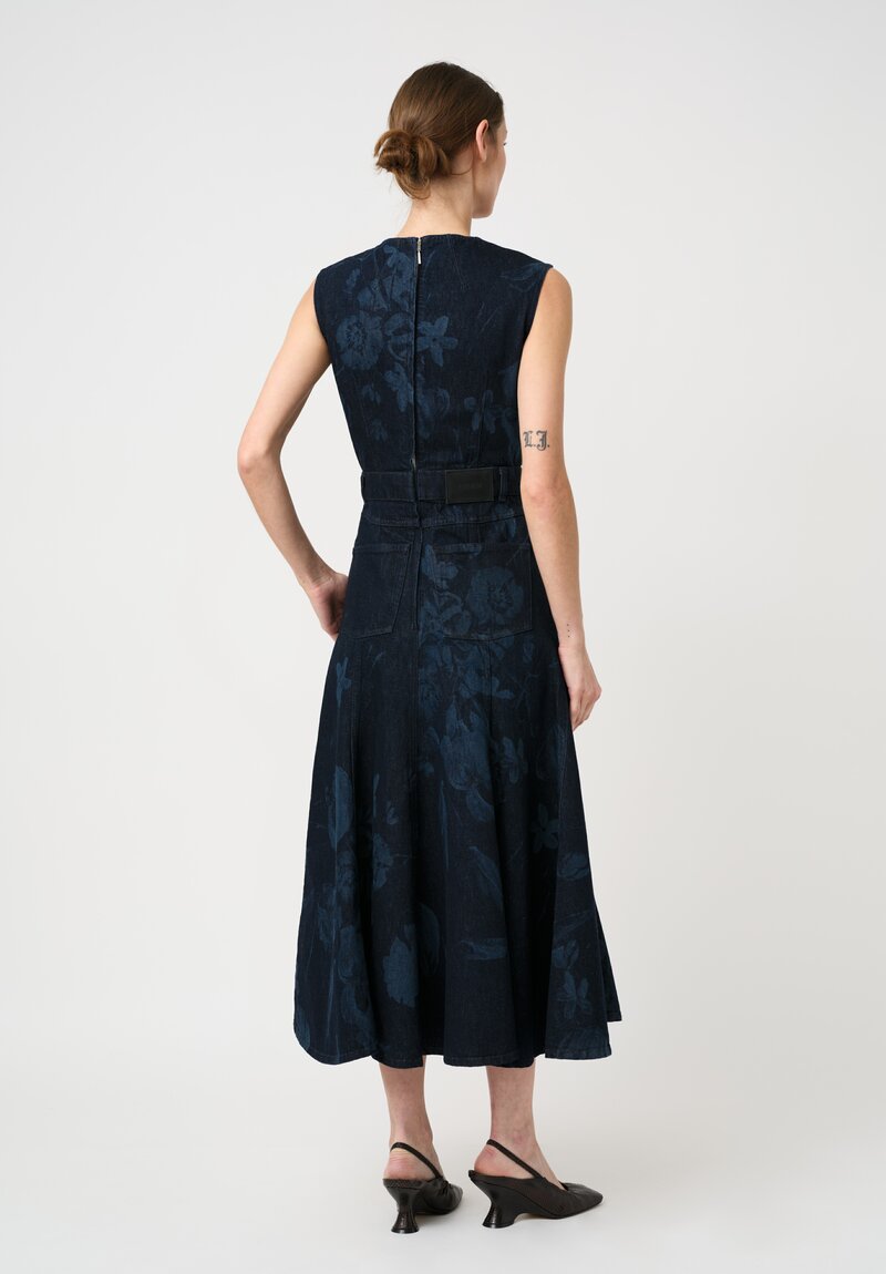 Erdem 17C Dutch Floral Laser Print Cotton Denim Sleeveless Dress in Indigo Blue
