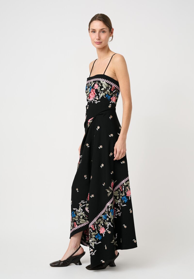Erdem Floral Embroidered Grain de Poudre Cascading Midi Dress in Black