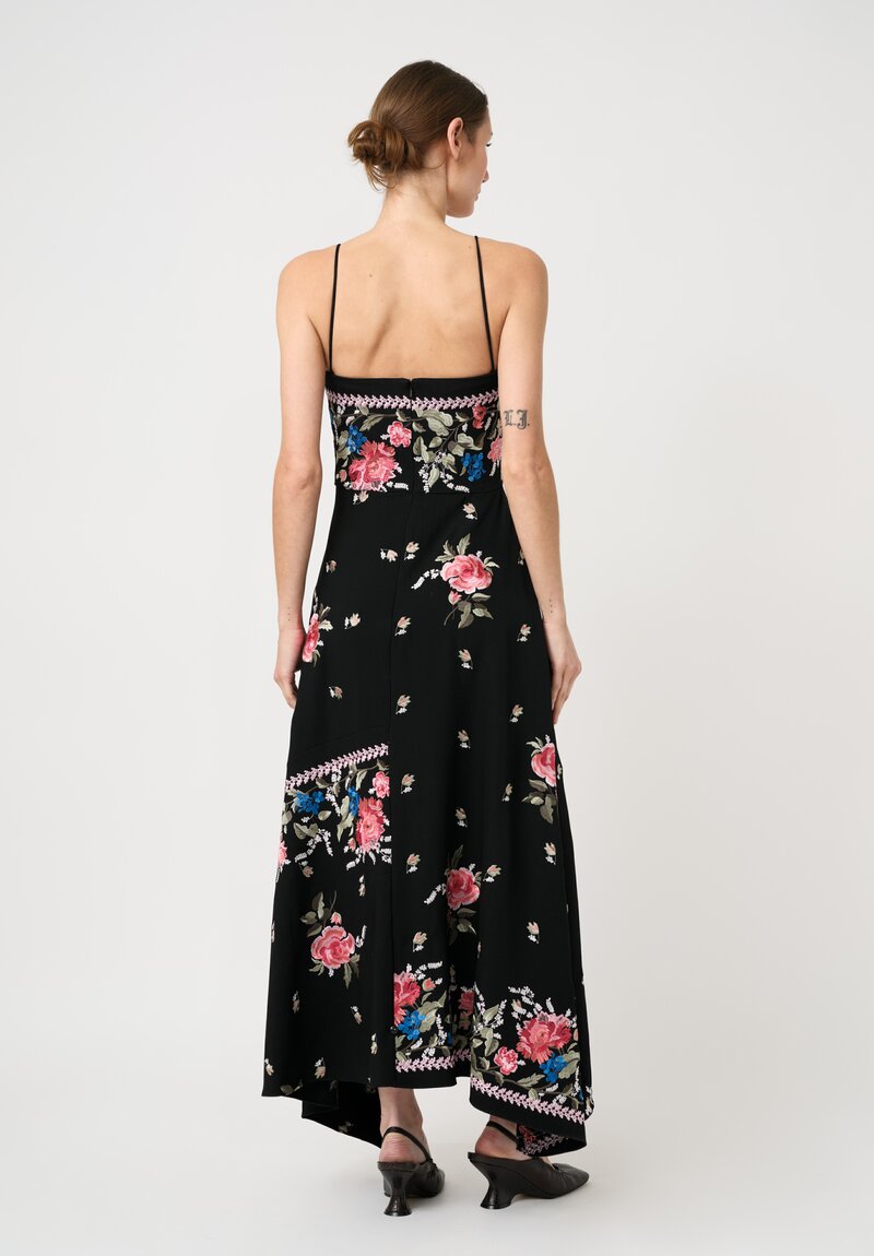 Erdem Floral Embroidered Grain de Poudre Cascading Midi Dress in Black