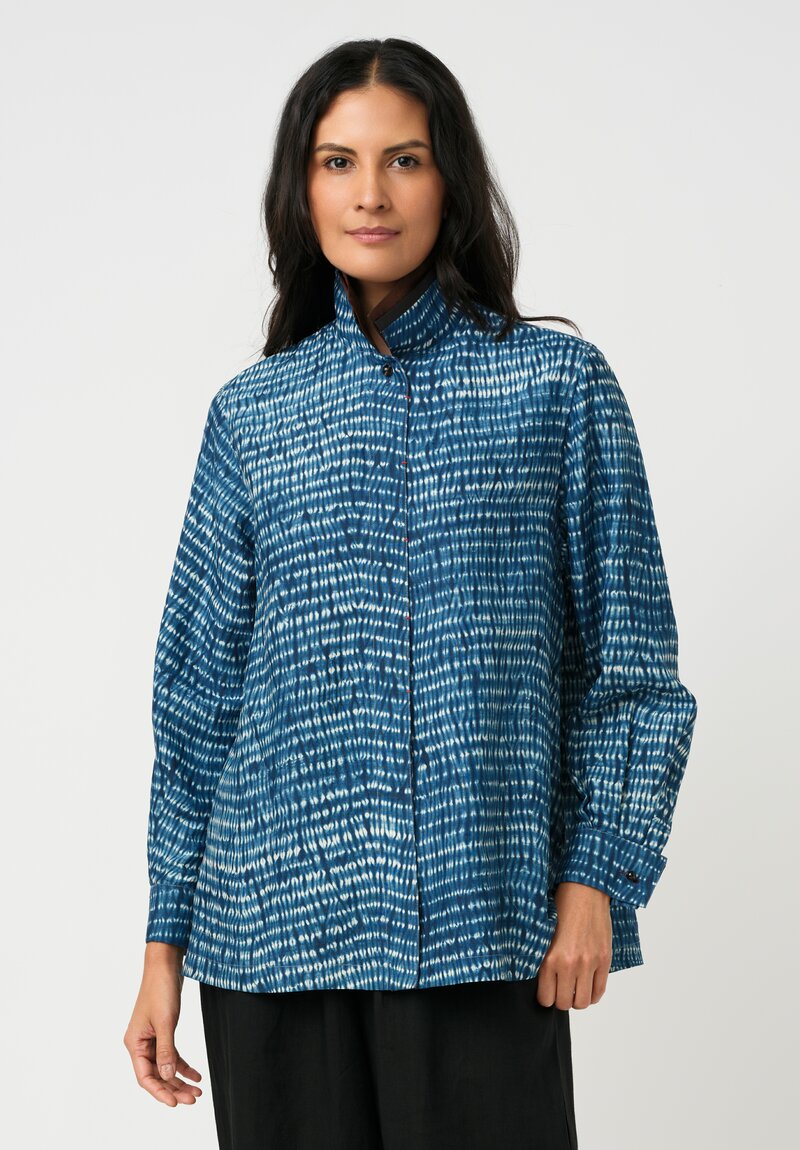 Sophie Hong Silk Button-Down Shirt in Indigo Blue Shibori