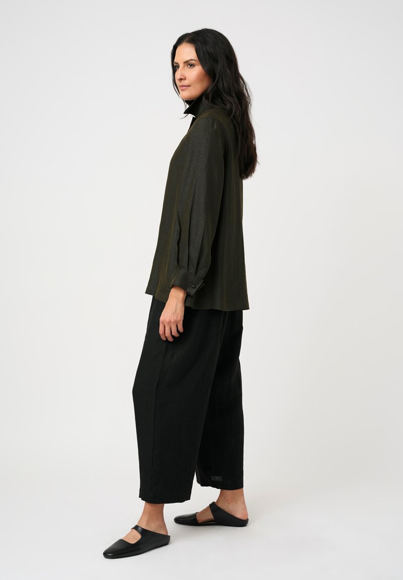 Sophie Hong Pebble Embossed Mud Silk Button-Down Shirt in Olive Green