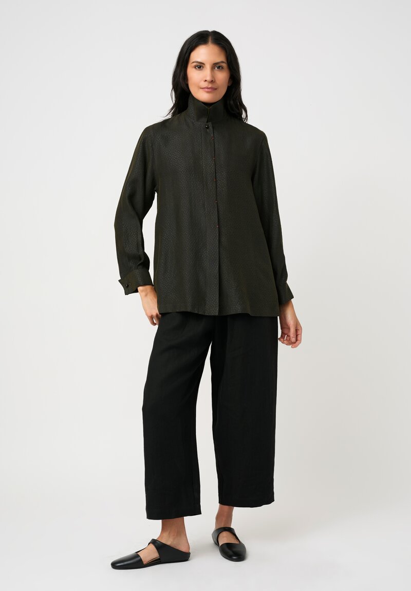 Sophie Hong Pebble Embossed Mud Silk Button-Down Shirt in Olive Green