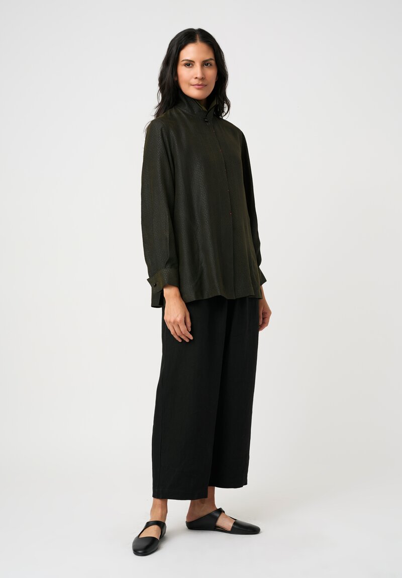 Sophie Hong Pebble Embossed Mud Silk Button-Down Shirt in Olive Green