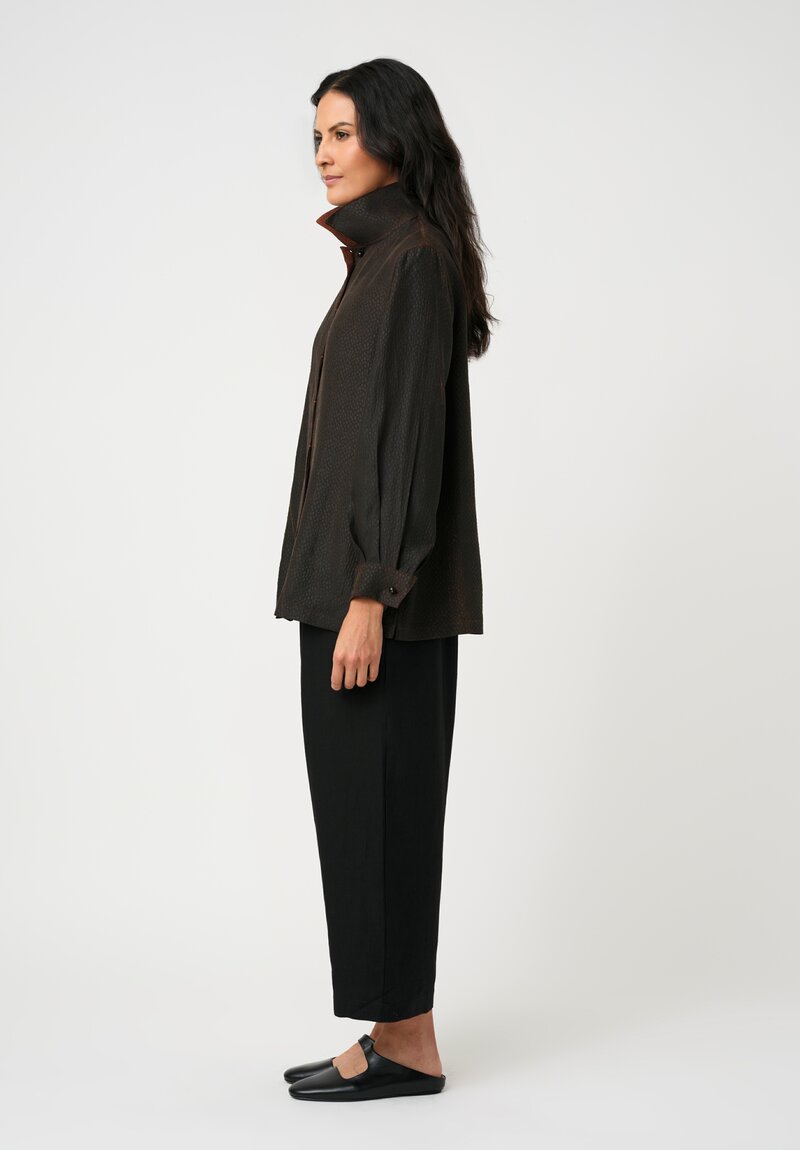 Sophie Hong Pebble Embossed Mud Silk Button-Down Shirt in Brick Red & Brown