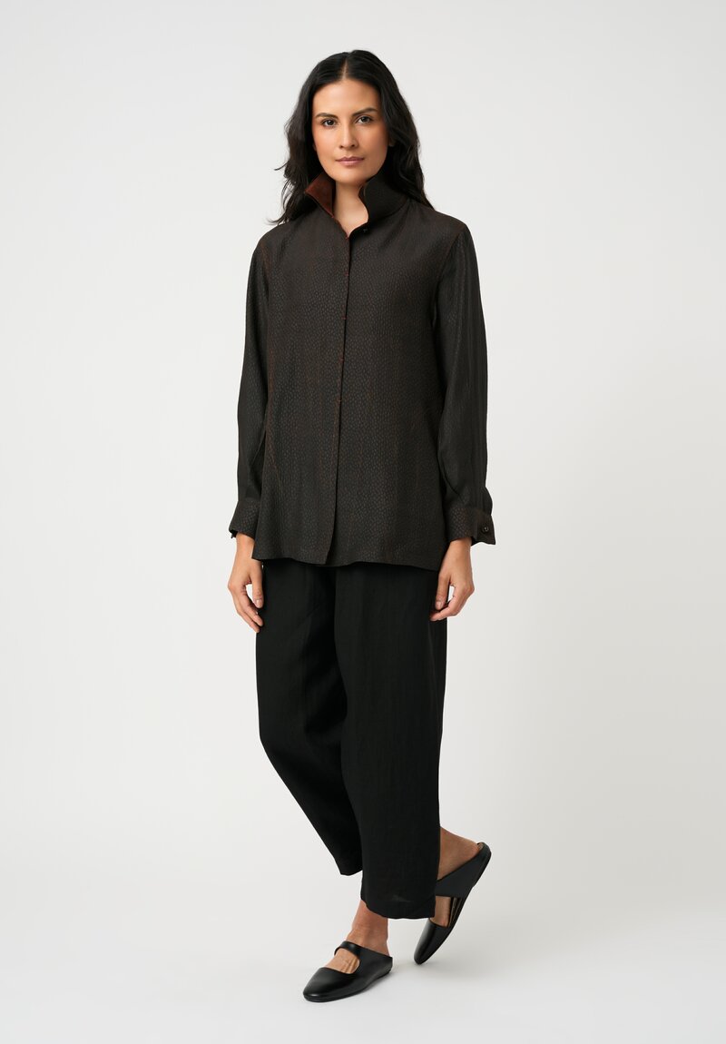 Sophie Hong Pebble Embossed Mud Silk Button-Down Shirt in Brick Red & Brown