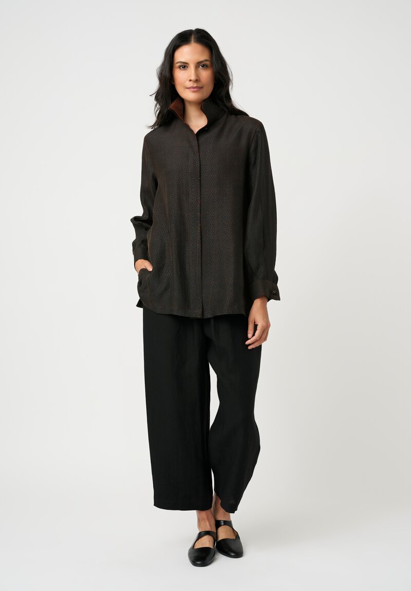 Sophie Hong Pebble Embossed Mud Silk Button-Down Shirt in Brick Red & Brown