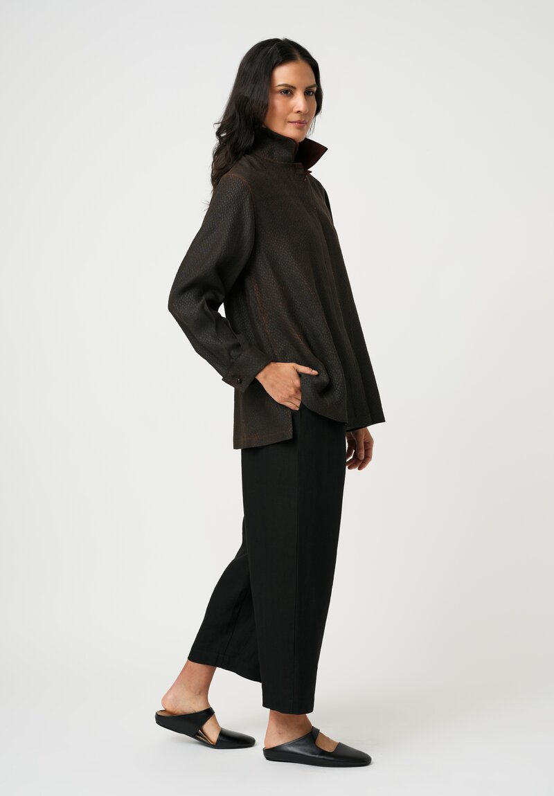 Sophie Hong Pebble Embossed Mud Silk Button-Down Shirt in Brick Red & Brown