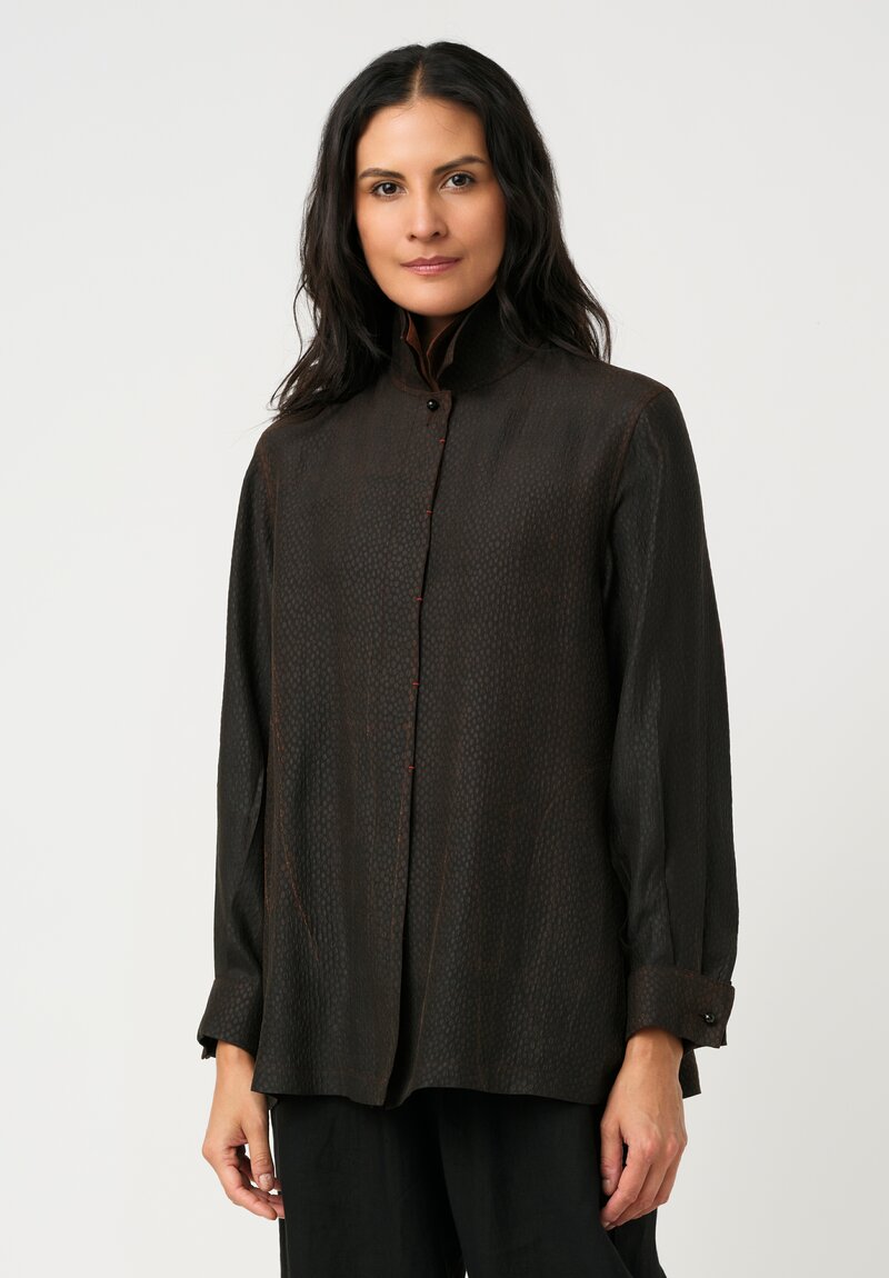 Sophie Hong Pebble Embossed Mud Silk Button-Down Shirt in Brick Red & Brown
