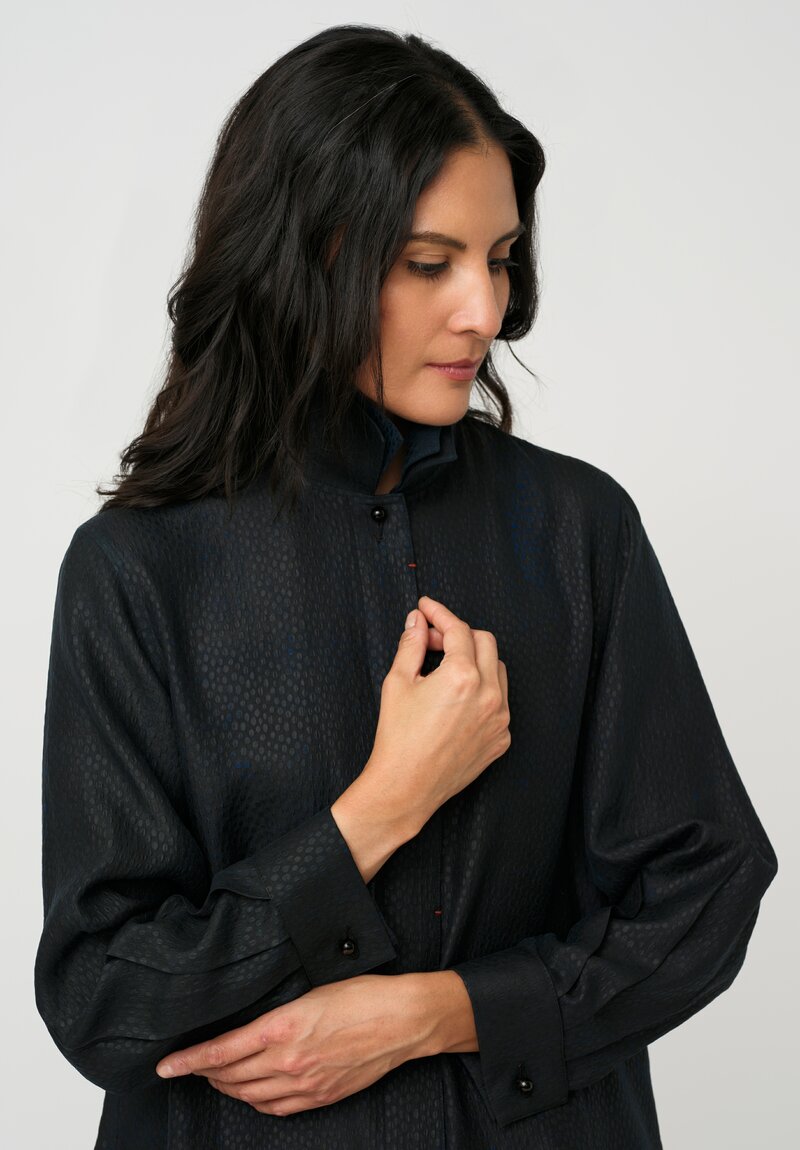 Sophie Hong Pebble Embossed Mud Silk Button-Down Shirt in Blue Black