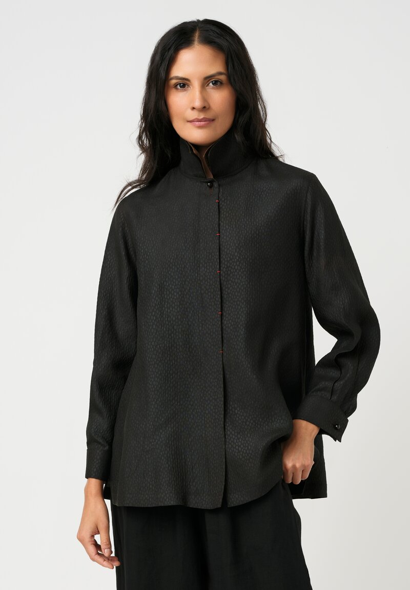 Sophie Hong Pebble Embossed Mud Silk Button-Down Shirt in Coffee Black
