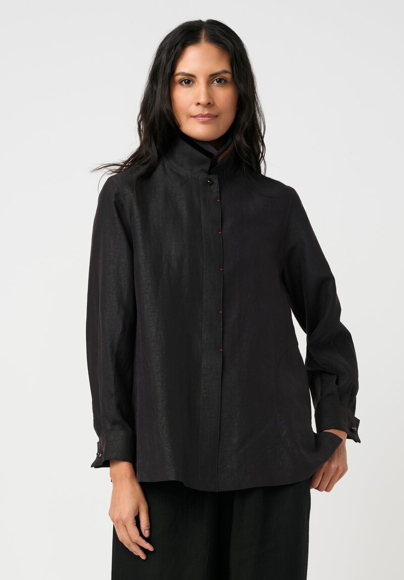 Sophie Hong Mud Silk Button-Down Shirt in Black & Purple