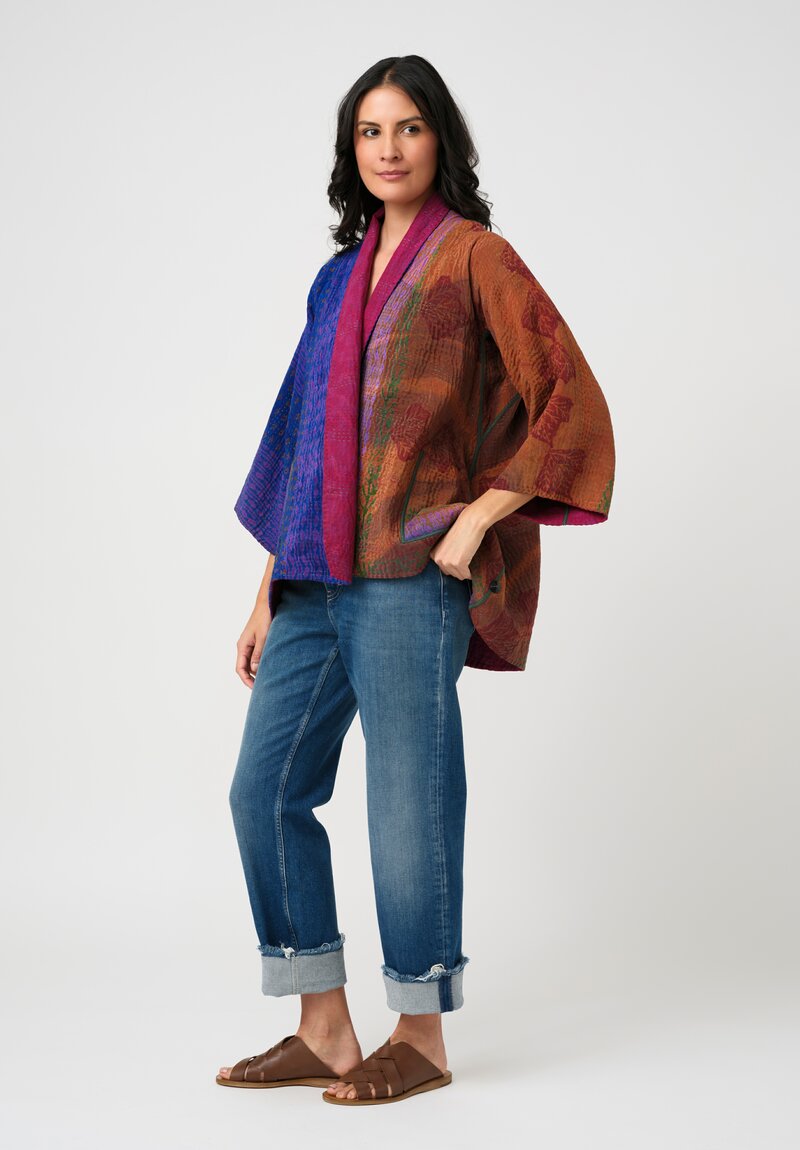 Mieko Mintz Vintage Silk Georgette & Cotton Kantha Kimono Jacket in Ultramarine, Rust & Magenta