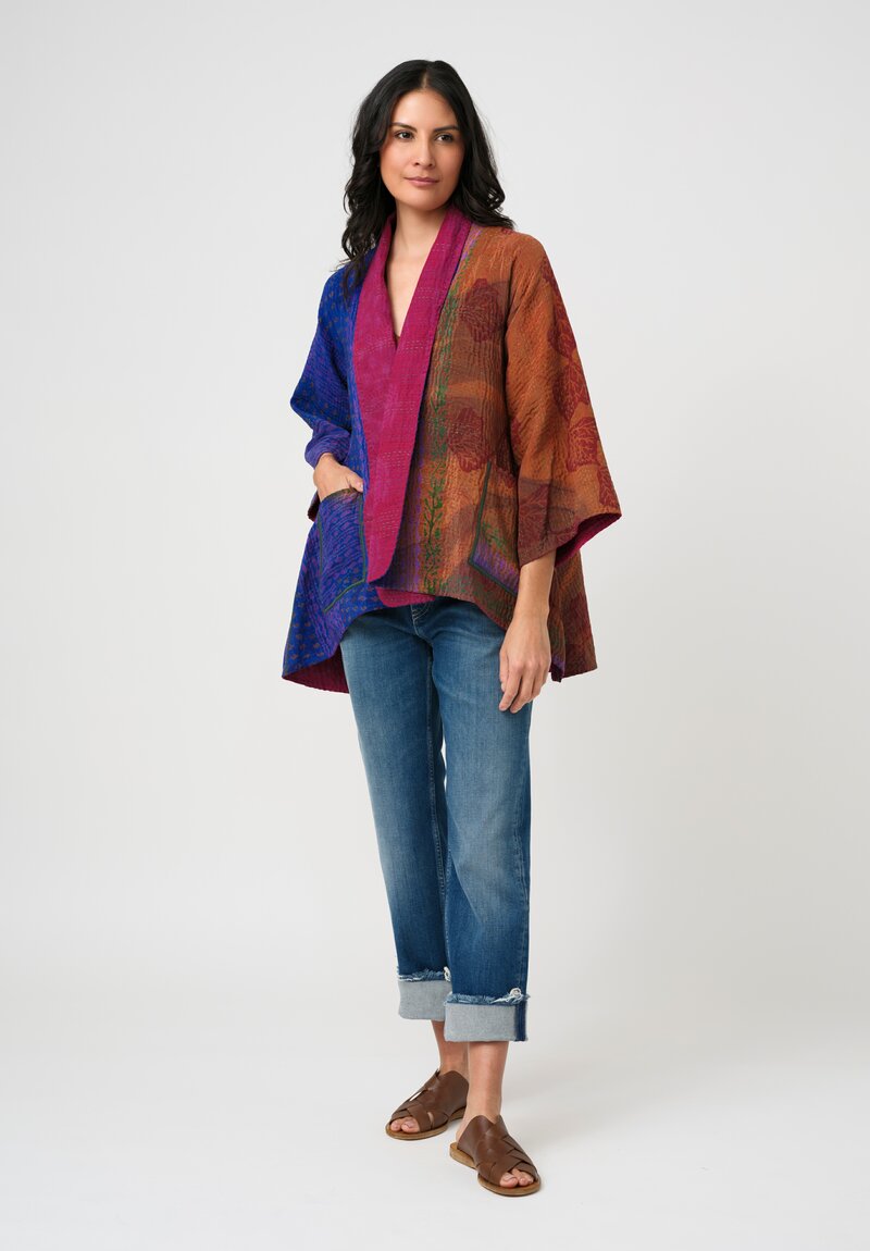 Mieko Mintz Vintage Silk Georgette & Cotton Kantha Kimono Jacket in Ultramarine, Rust & Magenta